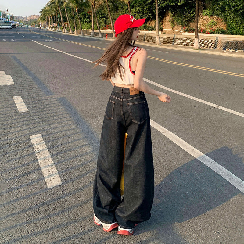 Loose Wide-Leg Jeans for Women - Casual Drop-Crotch Pants with Drapey Patchwork Design