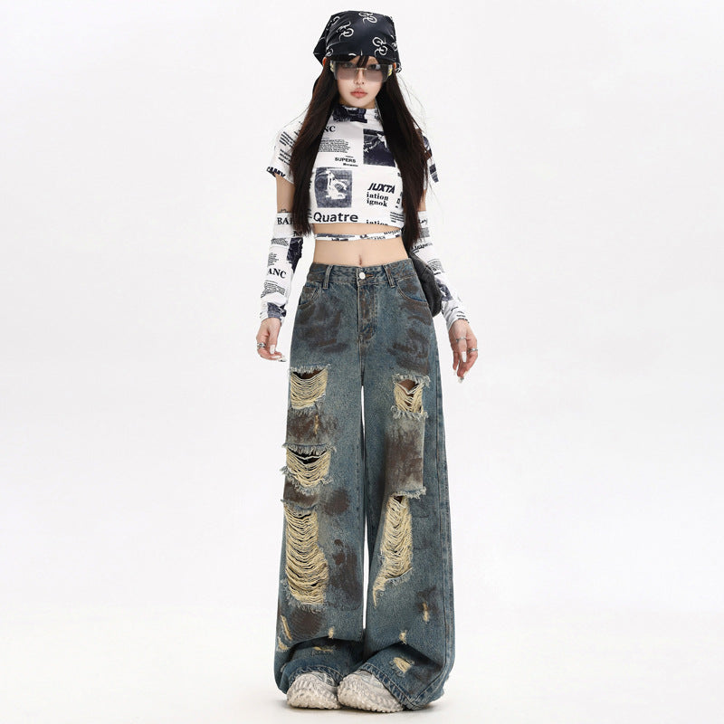 Street Distressed Graffiti Denim Pants for Women - Loose High Waist Wide Leg Trousers