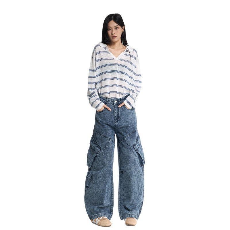 Design Knife-Style Cargo Pants Unisex Streetwear Loose Straight Wide-Leg Jeans