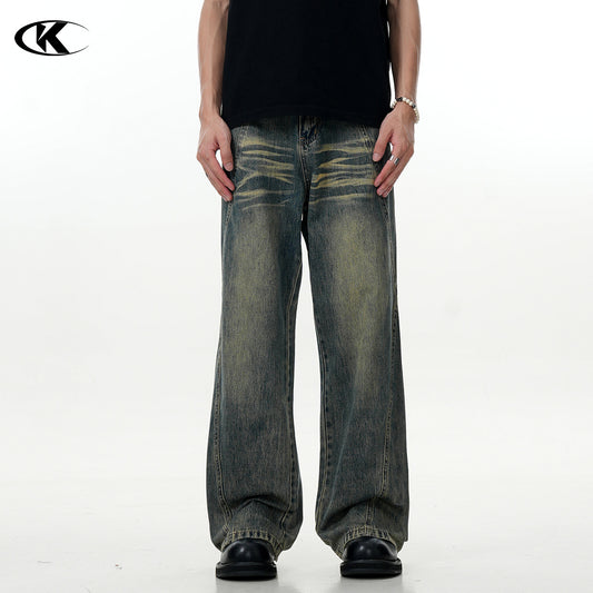 Blue Flared Jeans with Deconstructed Design - Faded Trendy Slim Straight Casual Long Pants