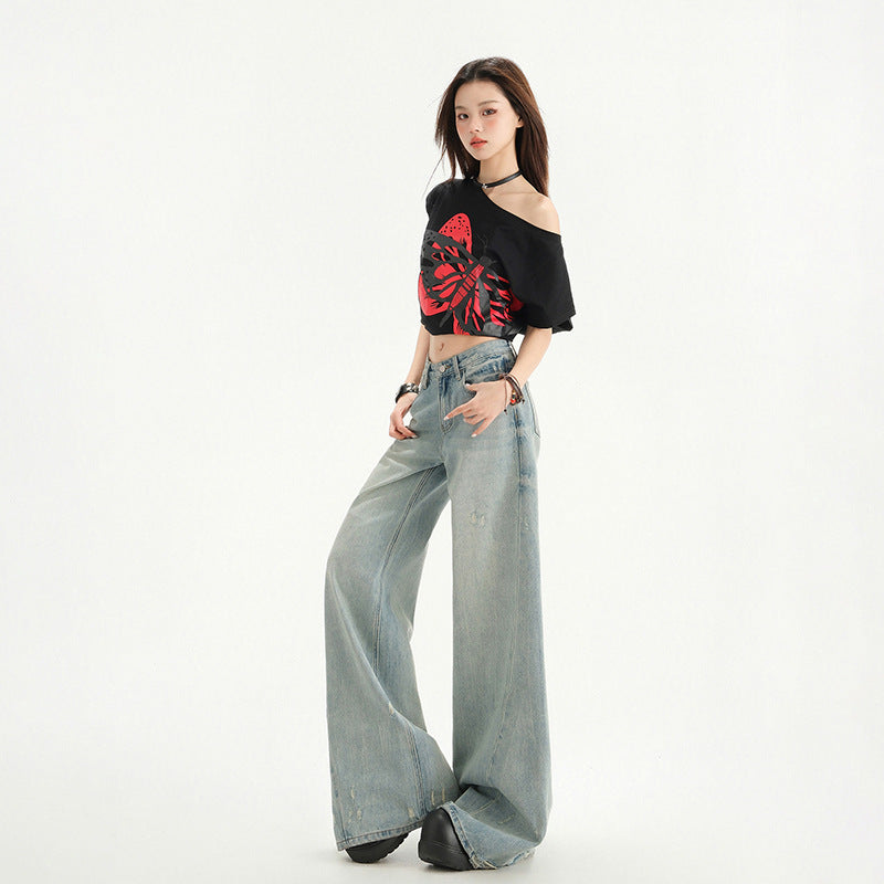 Light Blue Washed Wide-Leg Floor-Length Pants - High Street Loose Fit