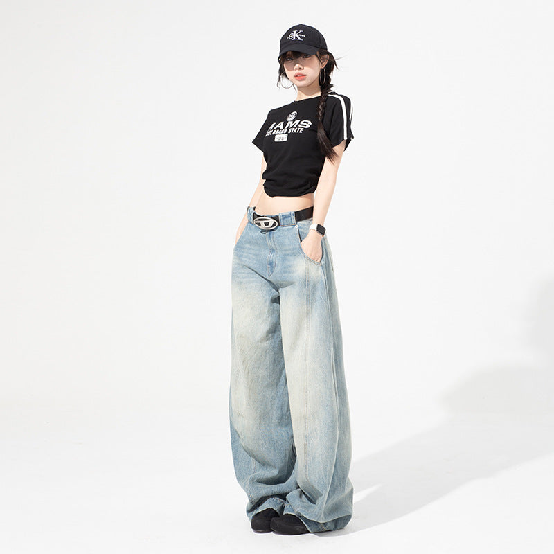 Retro Loose Scythe Denim Pants for Women - High Waist Wide Leg Trousers