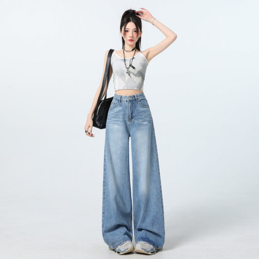 Washed Vintage Wide-Leg Jeans for Women - High-Waist Slimming Loose Fit Trousers