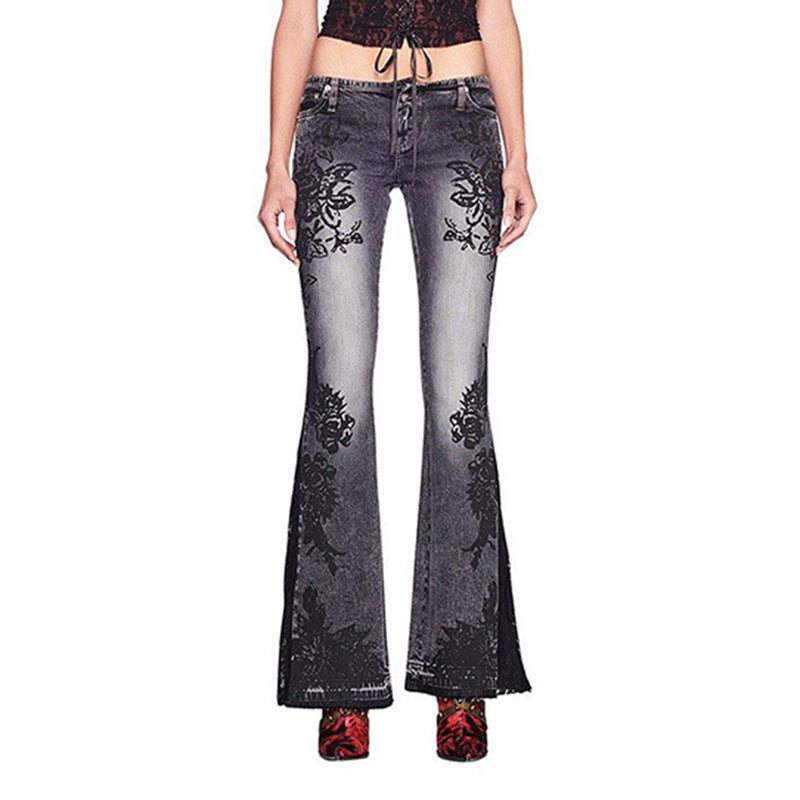 Retro Plant Print Washed Water Slim Fit and Slimming Flared Jeans