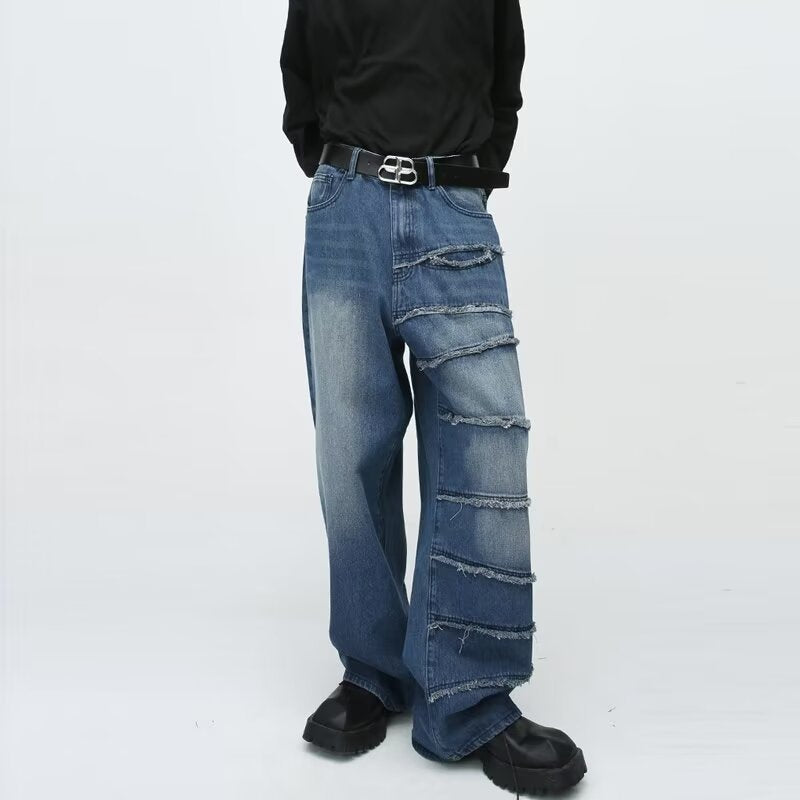 American Retro Style Patchwork Jeans - Unisex Wide Leg Pants