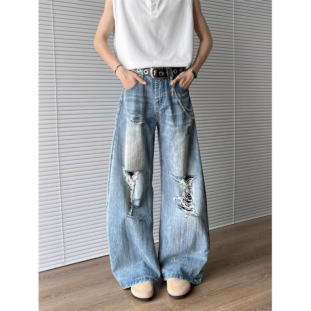 Retro Straight Tube Loose Fit Distressed Bamboo Texture Wide Leg Pants