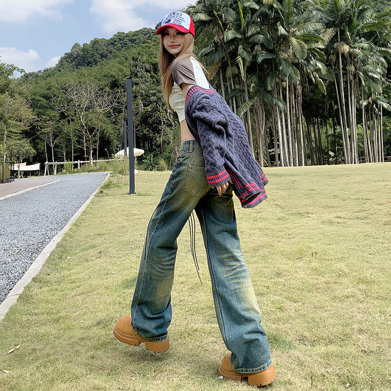 Women's Low-Waist Flared Denim Pants - Loose Wide-Leg Straight Trousers