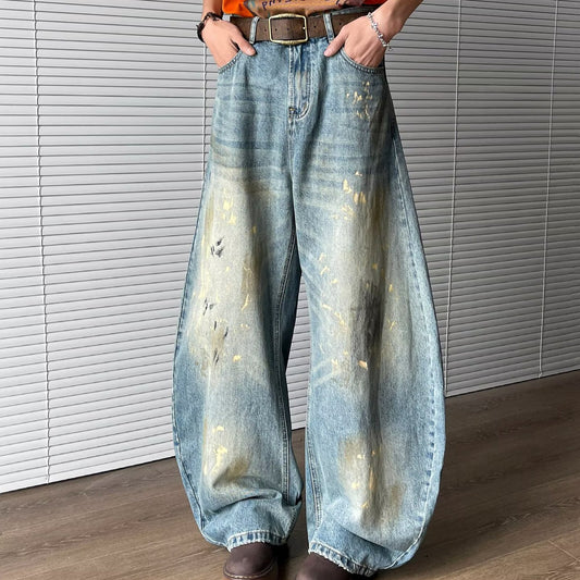 Retro Splash Ink Dirty Dye Destroyed Curved Knife Jeans