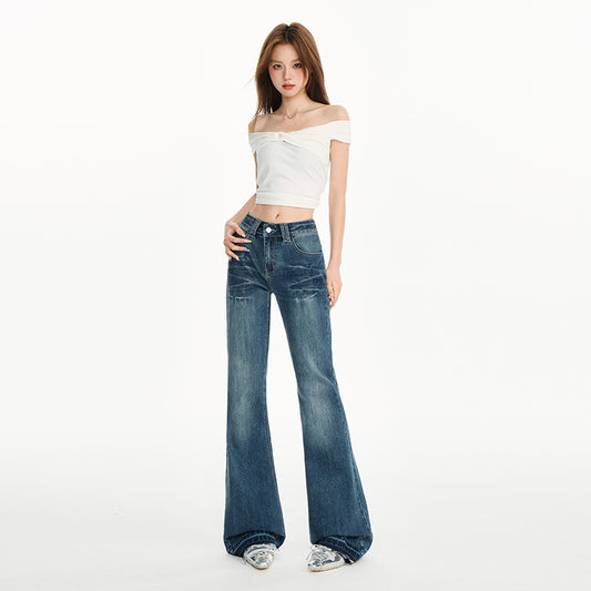 Women's Heavy Washed Flared Denim Pants with Low Waist