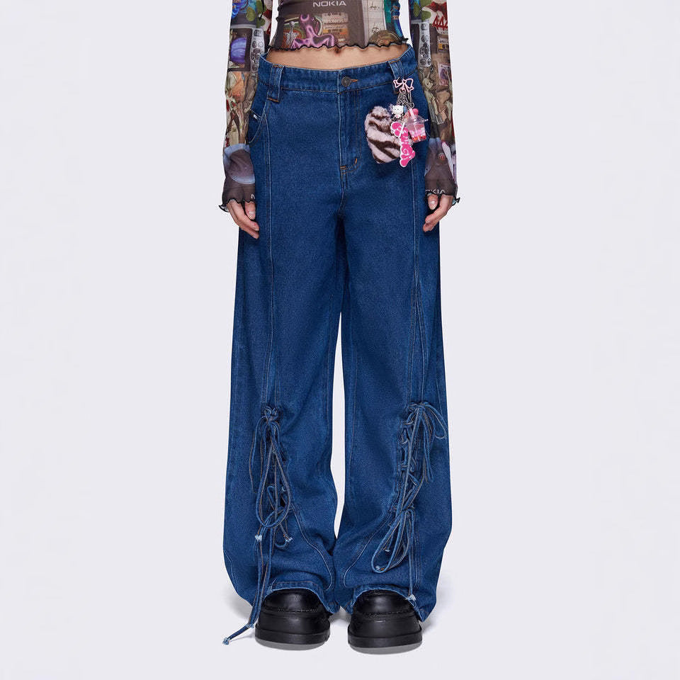 Premium Japanese Denim Wide Leg Pants with Lace-Up Detail