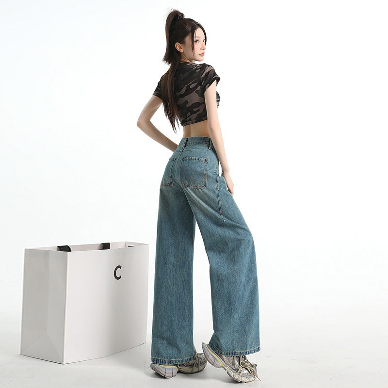 Vintage Blue High Street Loose Wide Leg Jeans for Women - Unique Patchwork Design