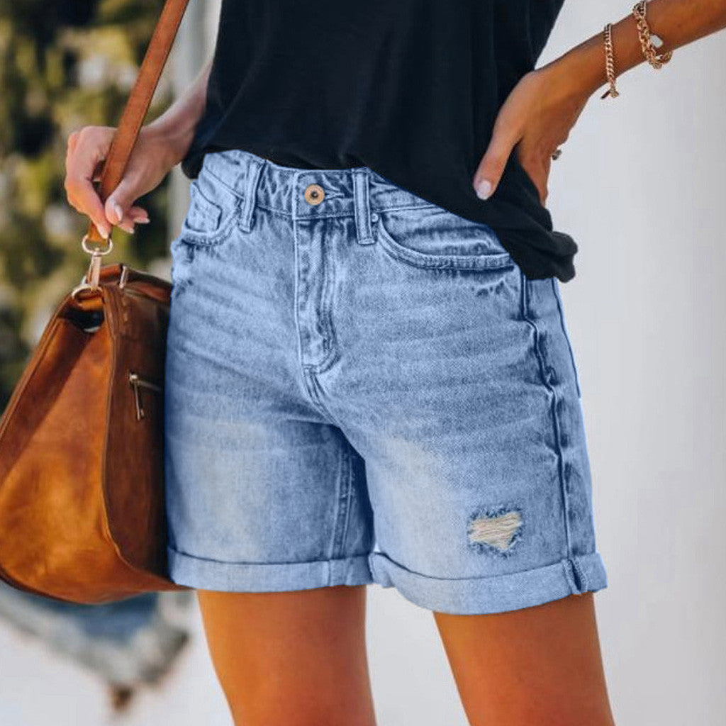 High-Waisted Fringed Distressed Denim Shorts for Women