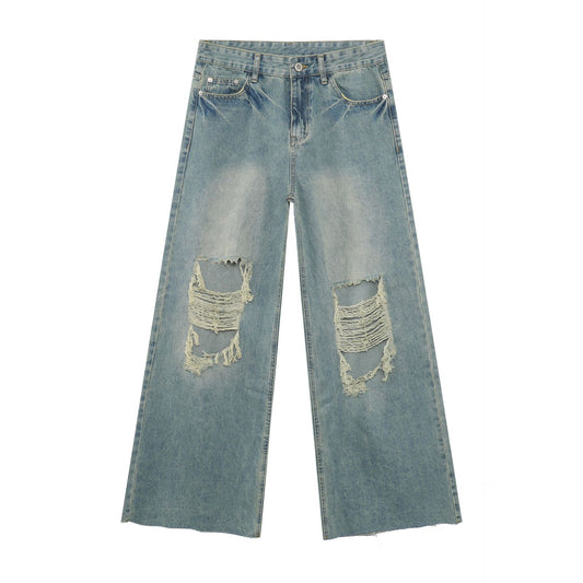 High Street Distressed Hole Fringe Wide Leg Loose Straight Floor-Length Versatile Jeans for Men