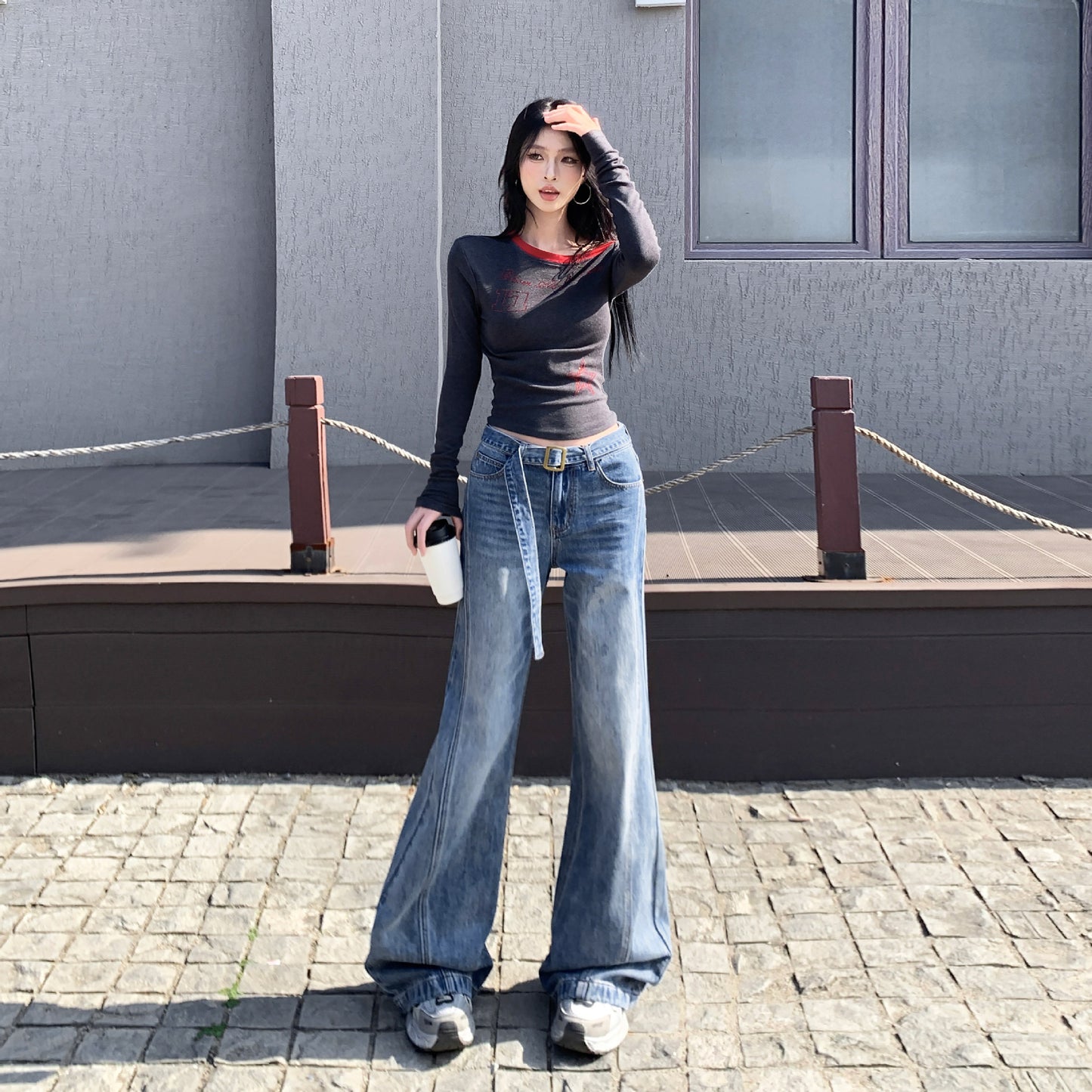 High-Waist Versatile Belted Flared Jeans for Women