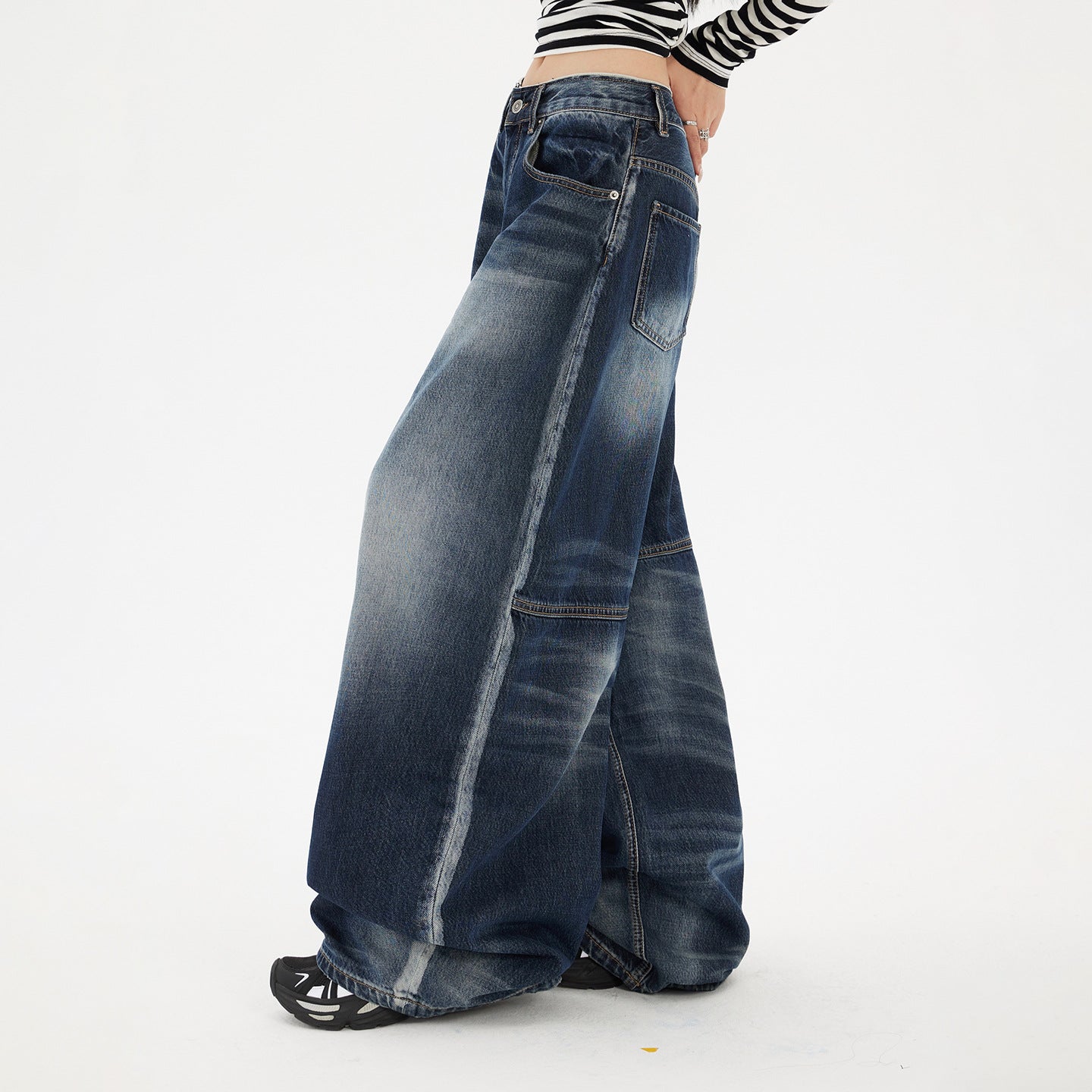 Blue Gray Wide-Leg Jeans for Women - Retro Loose Drape Straight Leg Pants