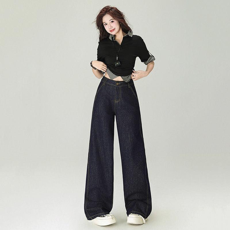 Women's Dark Blue High-Waist Wide-Leg Jeans - Premium Japanese Denim