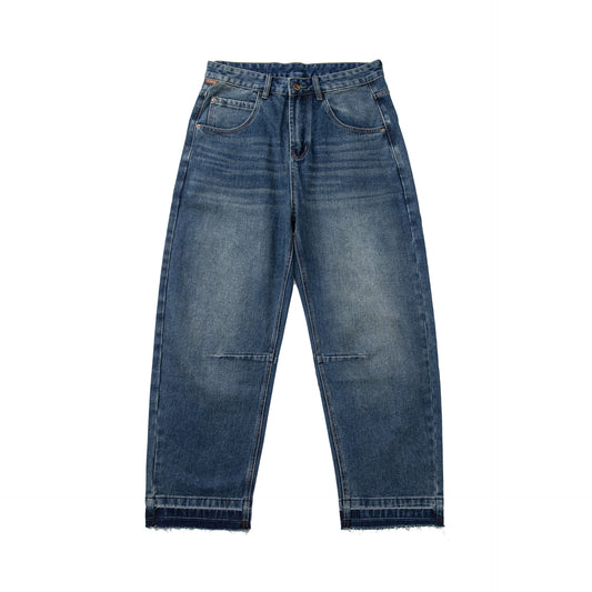 Men's Loose Cuff Tapered Denim Jeans with Catwhisker Wash