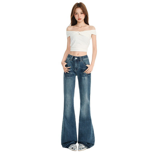 Women's Heavy Washed Flared Denim Pants with Low Waist