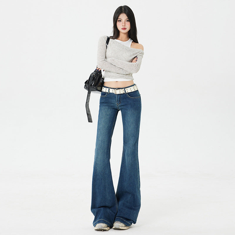 Retro Spicy Girl Flared Jeans - Women Low Waist Slim Fit Elasticity Leggings
