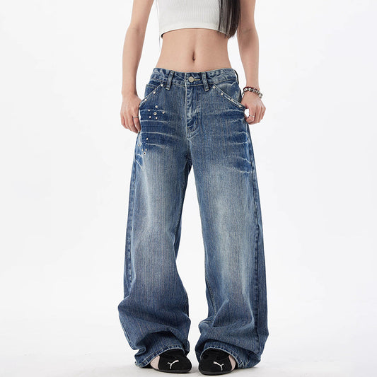 Retro Rivet Wide Leg Jeans for Women - Slimming Loose Straight Jeans