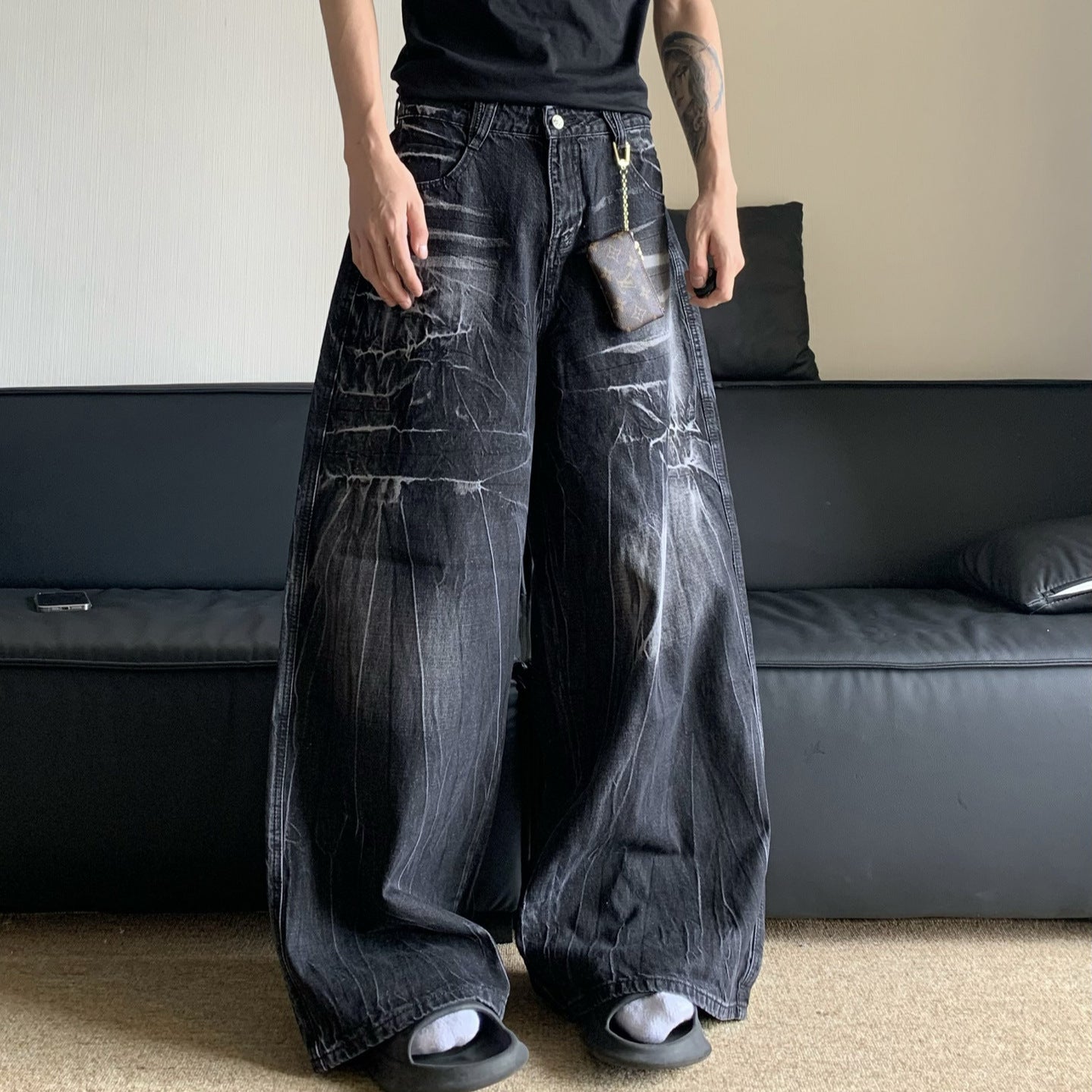 Black Lightning Pattern Jeans for Men and Women - High Street Cleanfit Wide Leg Pants