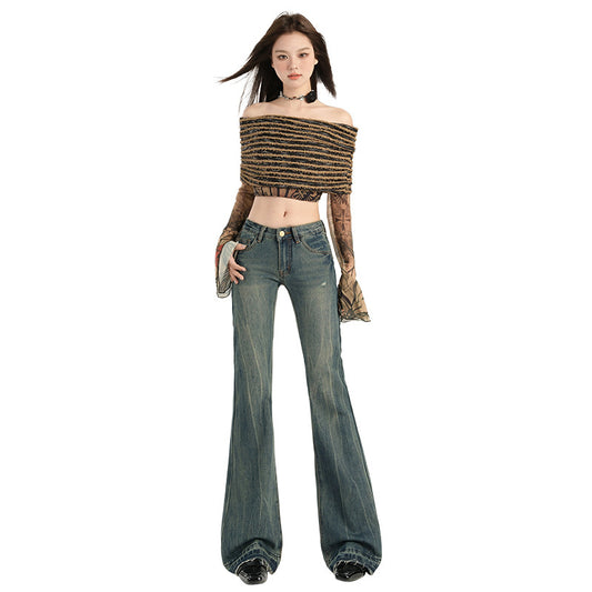 Women's Design Low Waist Flared Jeans - Versatile Floor-Length Pants