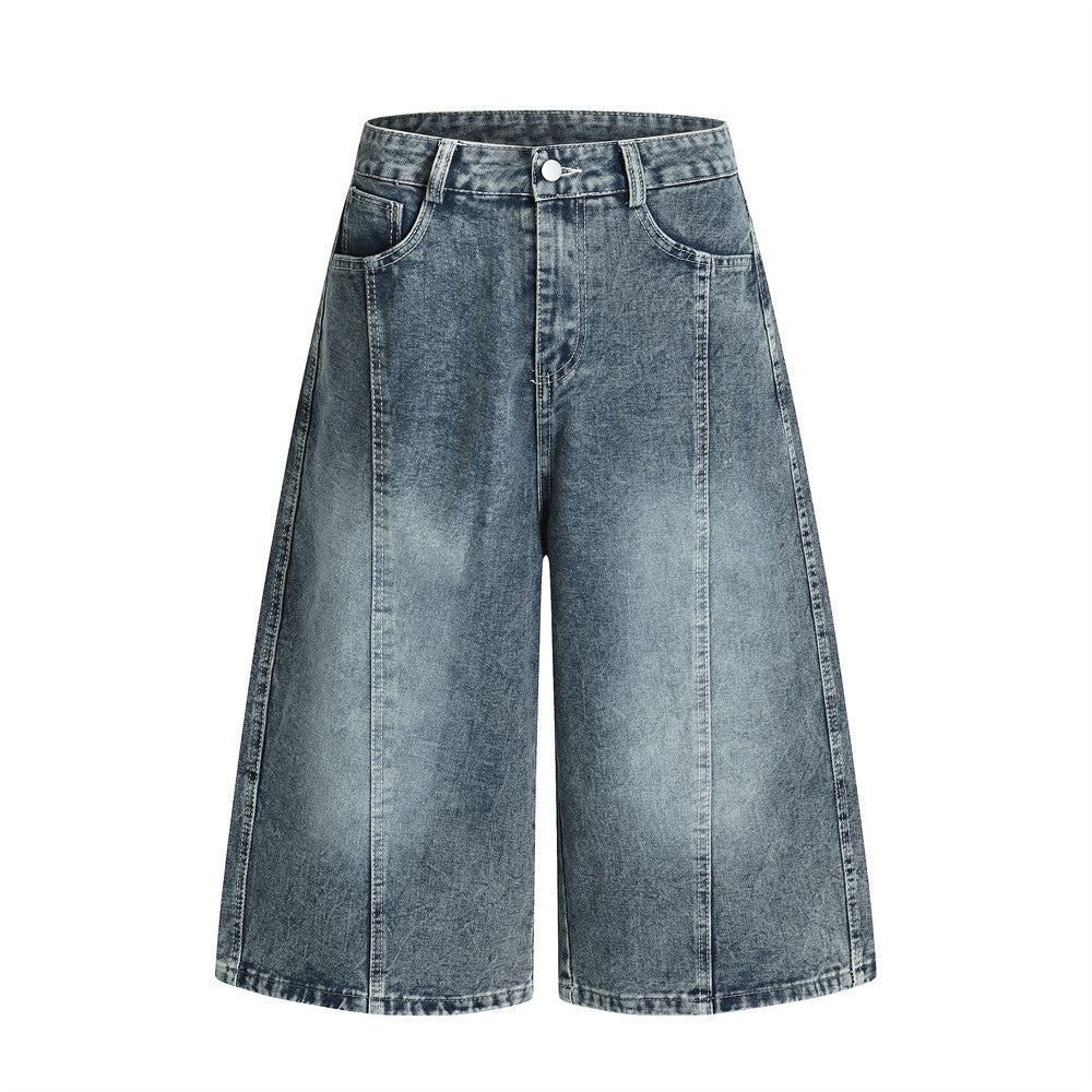 Punk Washed Distressed Denim Shorts for Men with Plaid Belt and Contrast Pockets
