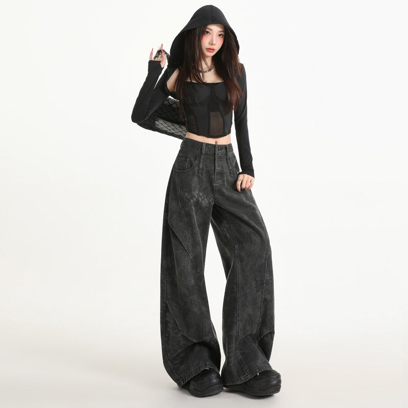 Black Gray Wide-Leg Jeans for Women - High-Waist Straight Loose Design with Unique Print