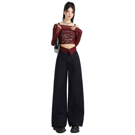 Wide Leg Jeans for Women - High Waist Slim Fit Straight Loose Cuffed Pants