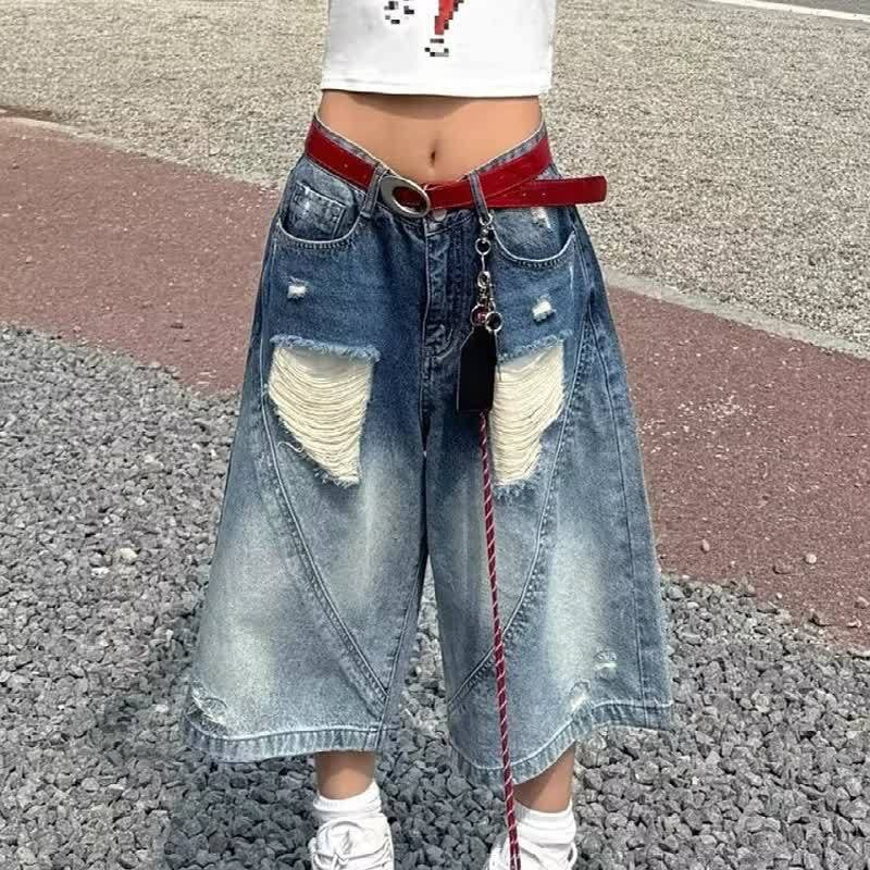 High-Waisted Spliced Hand-Cut Hole Denim Shorts - Retro Wide-Leg Seven-Quarter Pants