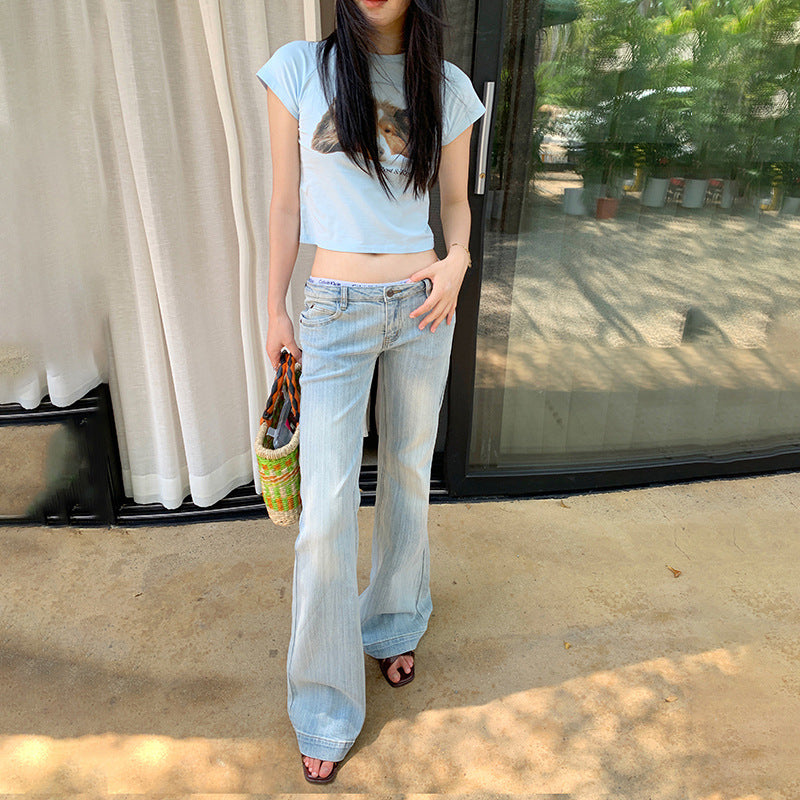 Women's Shallow Blue Flared Jeans - Summer Thin Low Waist Trumpet Pants