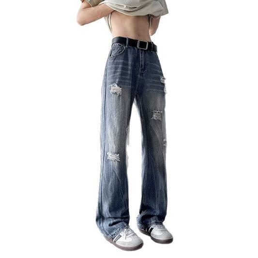 Lightning Pattern Ripped Denim Wide Leg Pants - Premium Japanese Craftsmanship