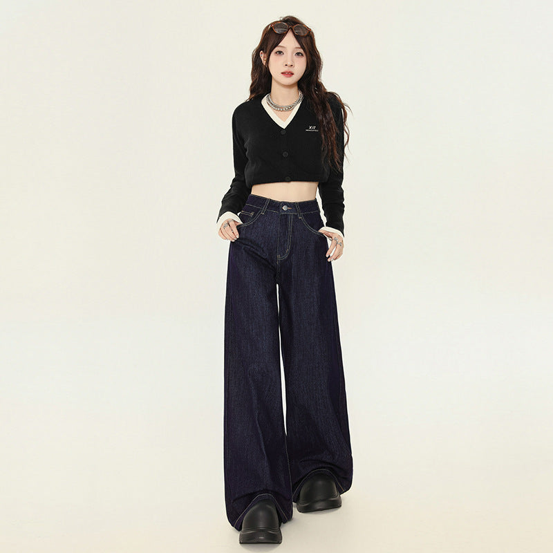 Women's Dark Blue High-Waisted Wide-Leg Jeans