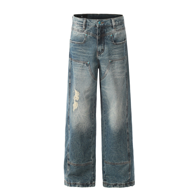 Street Trendy Distressed Denim Pants for Men - Loose Straight Design