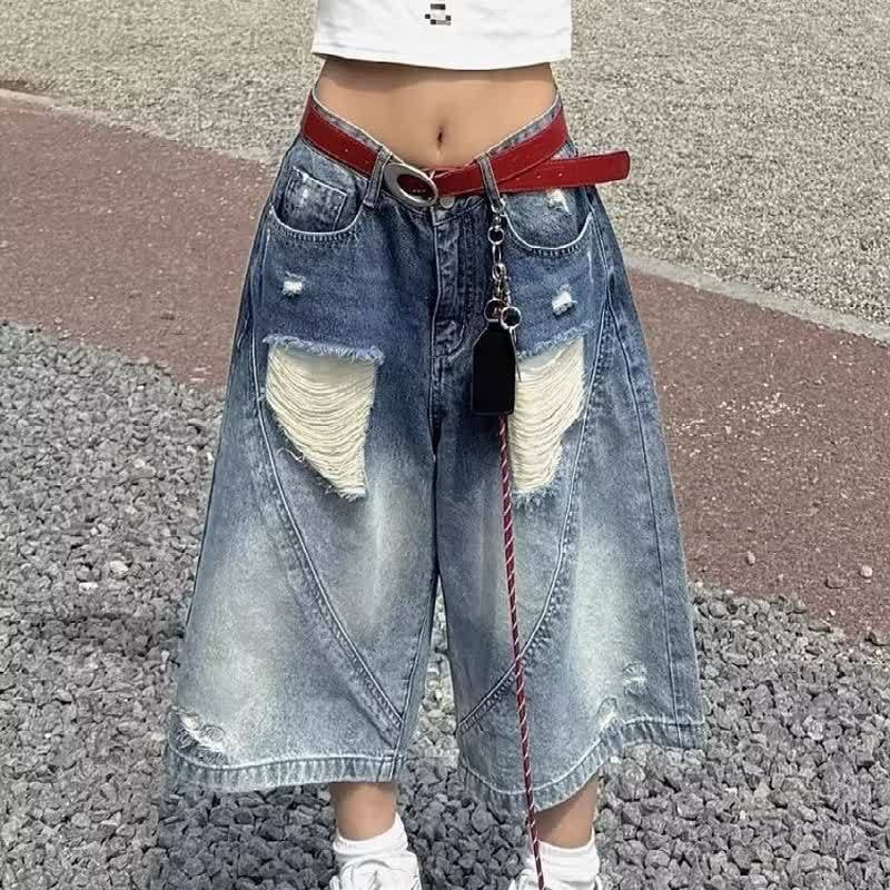 High-Waisted Spliced Hand-Cut Hole Denim Shorts - Retro Wide-Leg Seven-Quarter Pants