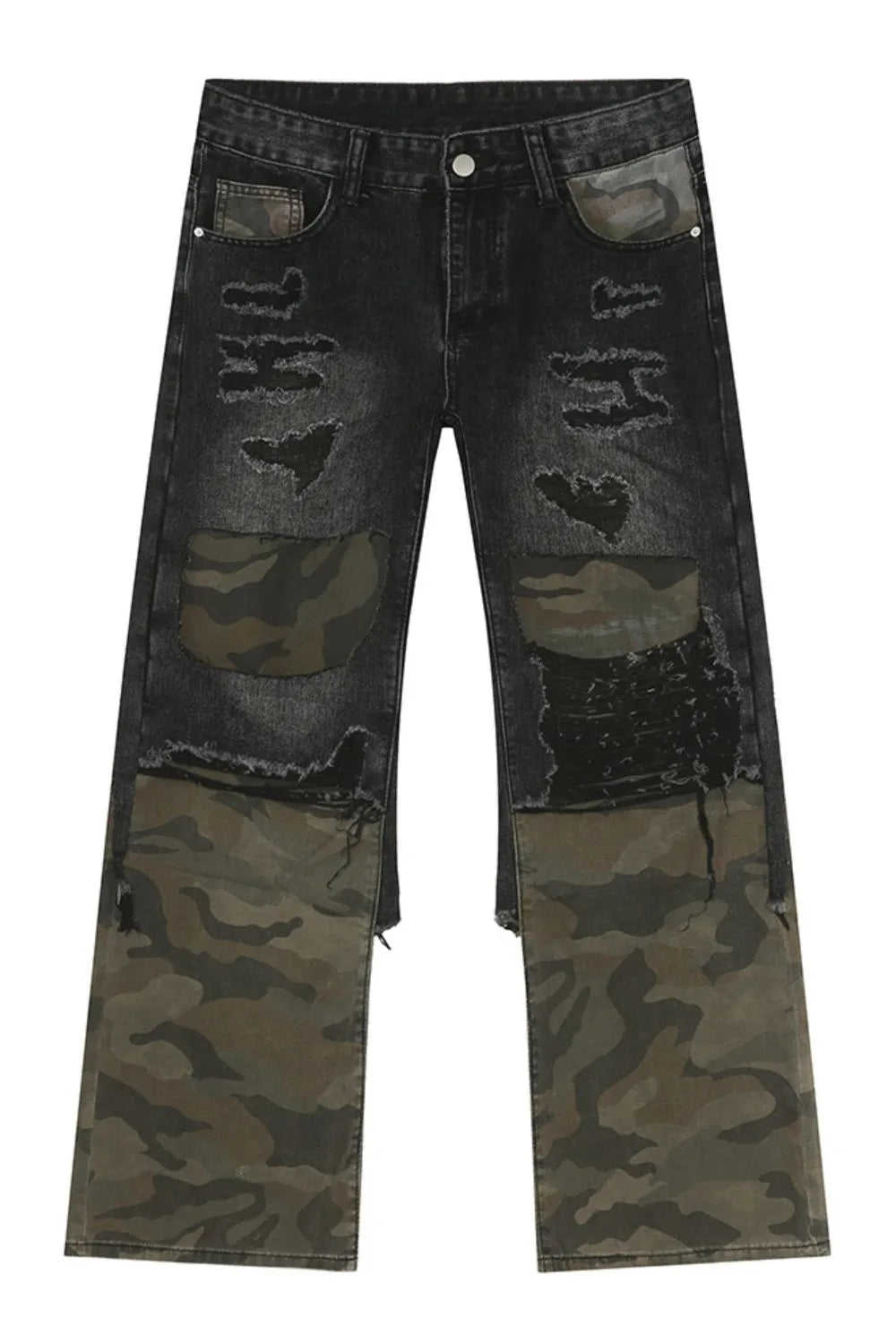 Distressed Camouflage Patchwork Jeans - Premium Japanese Denim