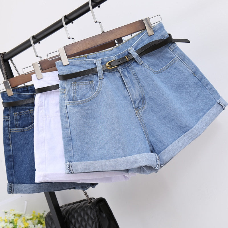 High Waist Women Denim Shorts with Pockets - Casual Cotton Slim Fit