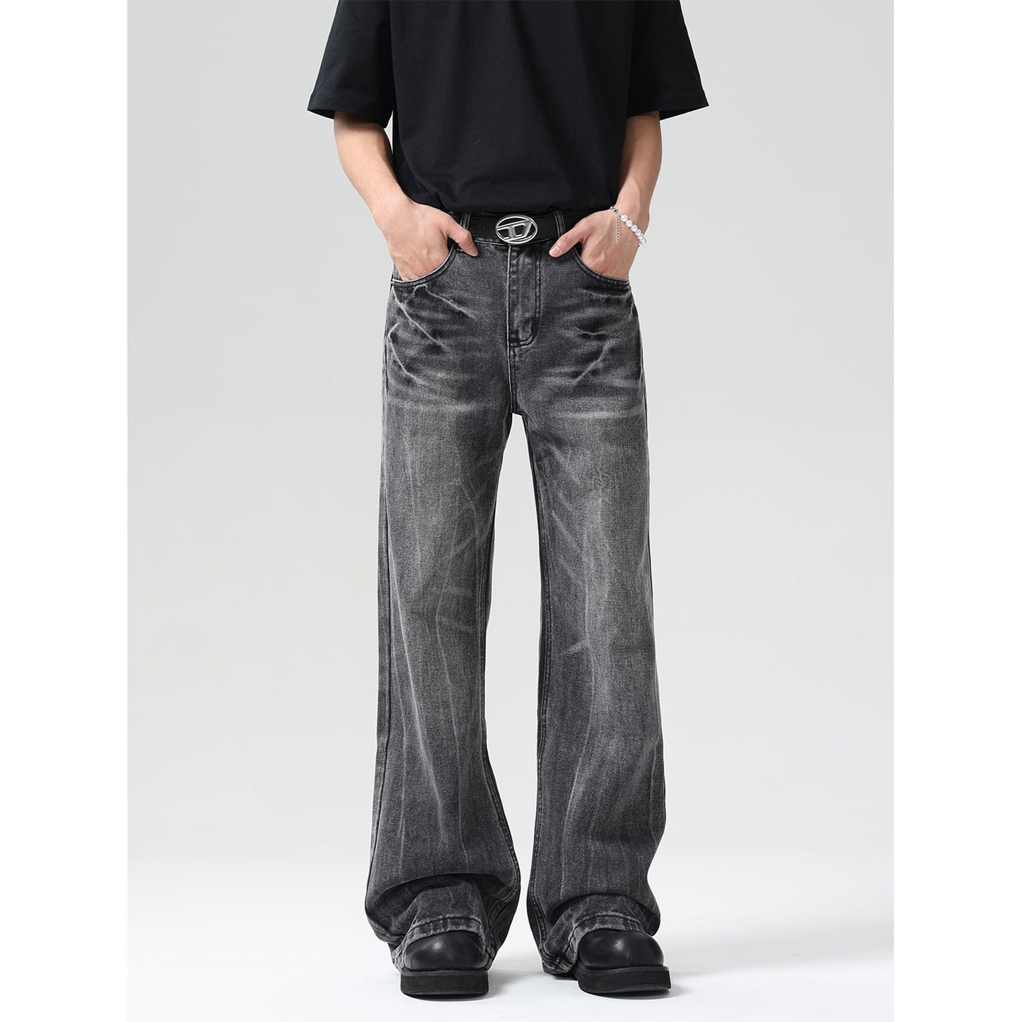 Washed Wide Leg High Street Denim Men's Loose Straight Leg Pants