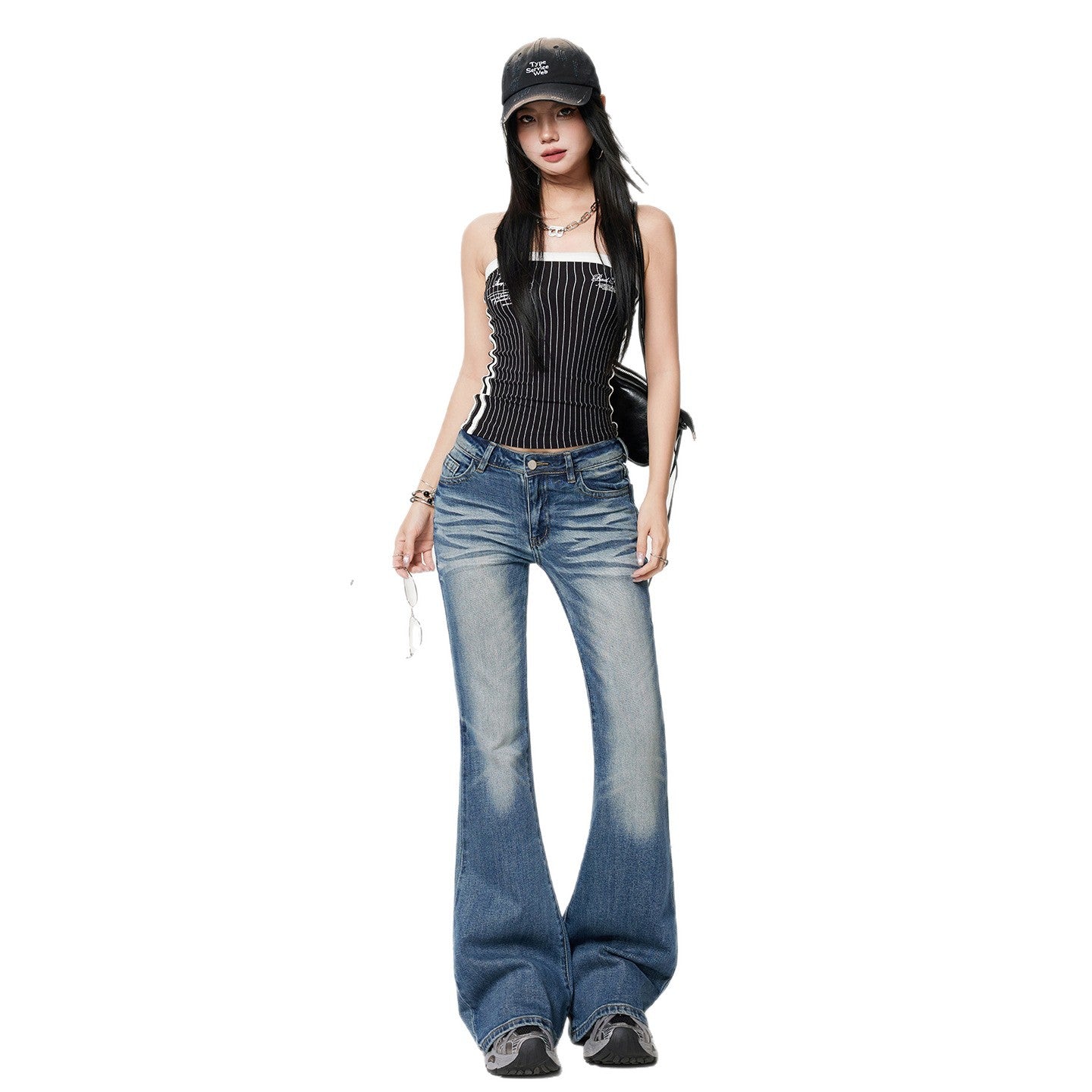 Retro Flared Jeans Women Low Waist Elastic Slim Fit Frayed Bell Bottoms