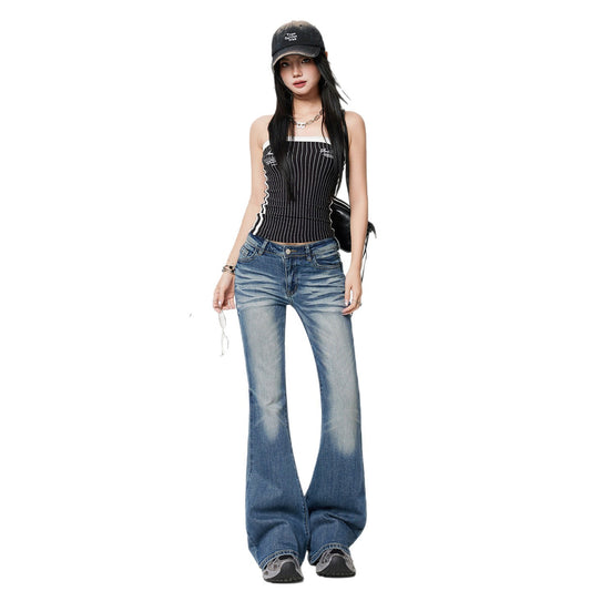 Retro Flared Jeans Women Low Waist Elastic Slim Fit Frayed Bell Bottoms