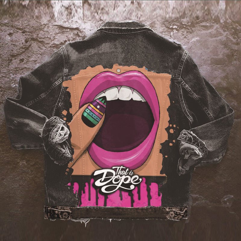 Women's Autumn Hot Selling Street Style Denim Jacket with Tongue Out Print