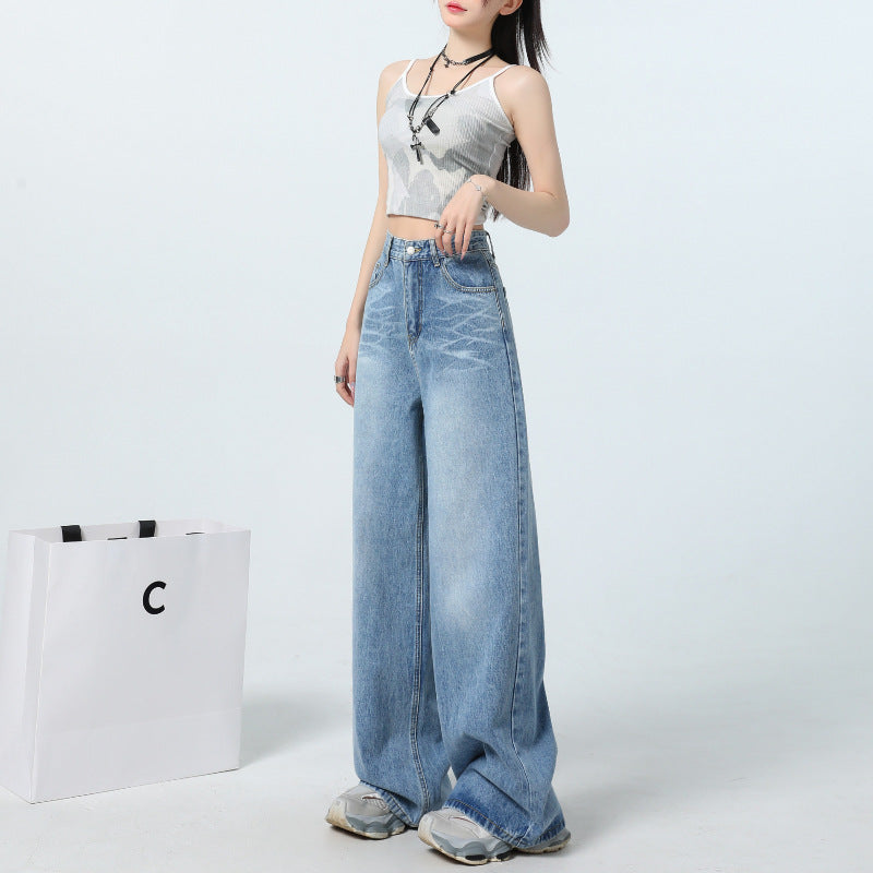 Washed Vintage Wide-Leg Jeans for Women - High-Waist Slimming Loose Fit Trousers