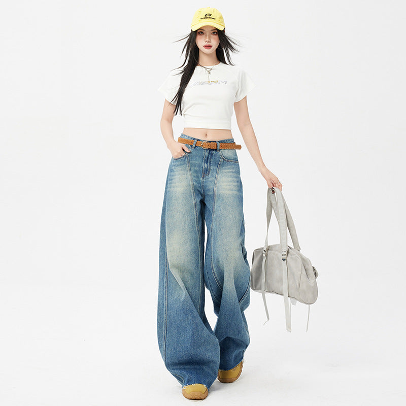 Women's Blue Wide-Leg Scissors Denim Pants - Loose Drape Floor-Length Trousers