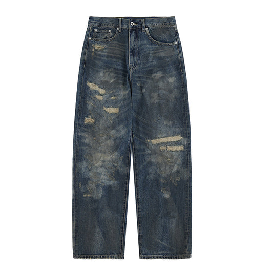 Men's Water-Washed Casual Straight Jeans with High-End Distressed Design
