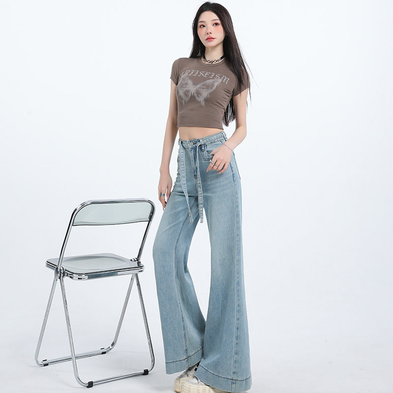 Wide-Leg Flared Denim Pants for Women - Light Blue High-Waist Slimming Trousers