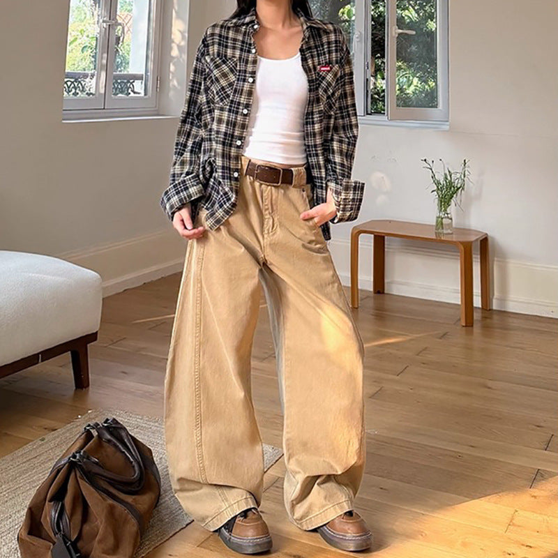 Spliced Wide-Leg Jeans with Vintage Design and Water-Washed Cutting for Women