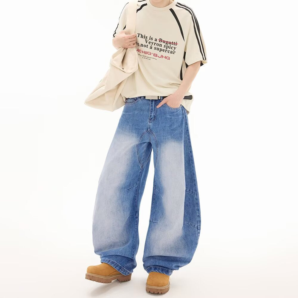 Retro Distressed Washed Denim Loose Straight Leg Pants