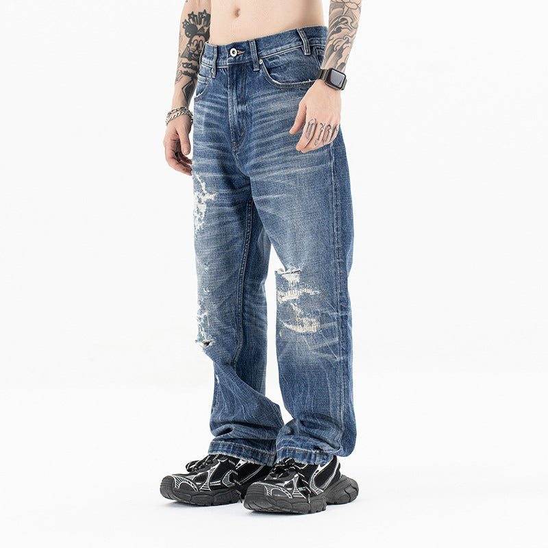 Men's Water-Washed Distressed Straight Jeans with Loose Wide Legs