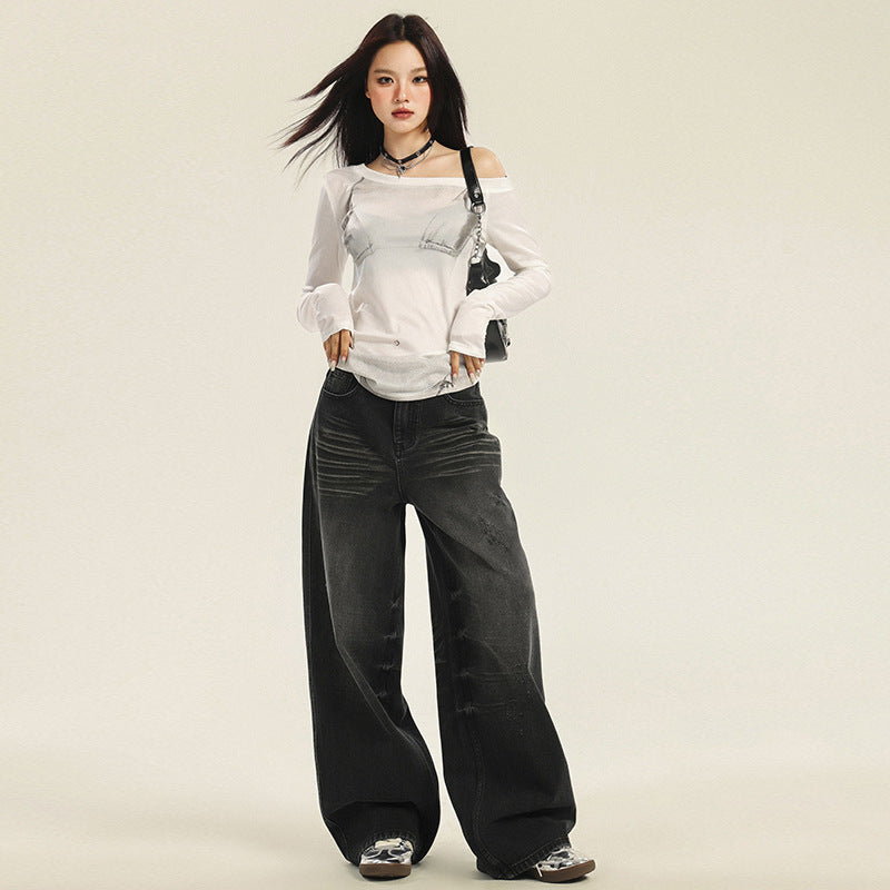 Women's Washed Denim Wide Leg Pants - High Waist Loose Floor Length Trousers