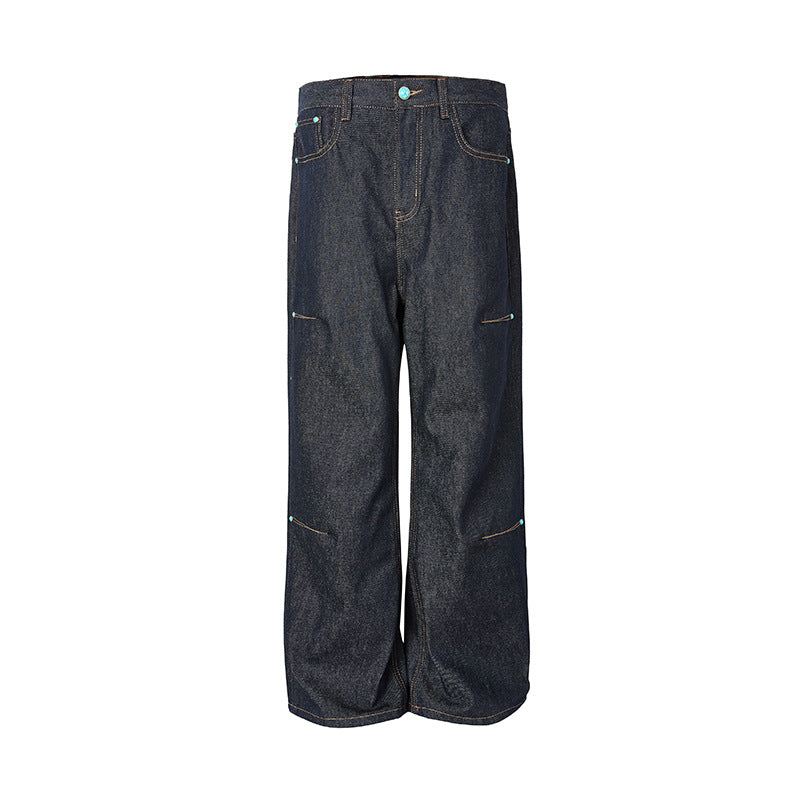 Deep Blue Straight Flared Wide Leg Denim Trousers